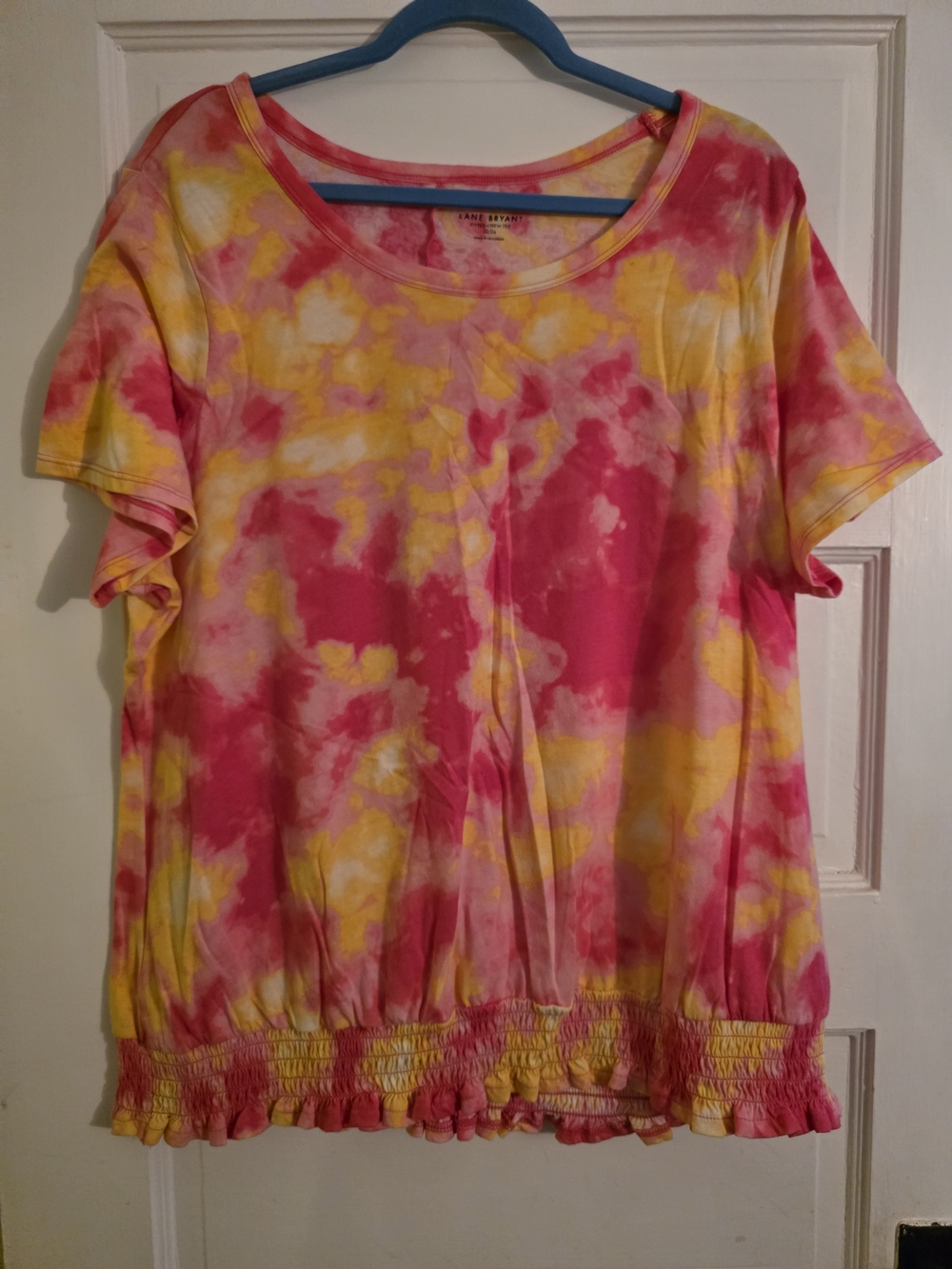 Lane Bryant Tie-Dye Pink and Yellow Short Sleeve Top With Elastc Waistband